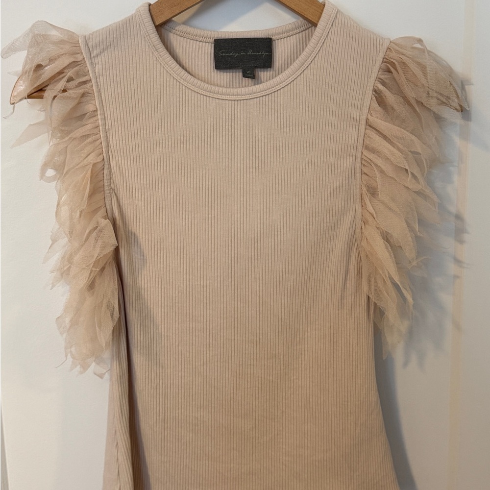 Sunday in Brooklyn Cream Tulle Ruffle Sleeve Tank